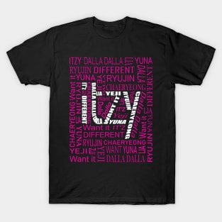 ITZY NAMES AND MUSIC COLLAGE WHITE AND PINK T-Shirt